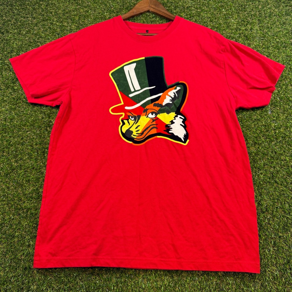 AKOO Mens XL Red Graphic T-Shirt Fox in Top Hat Chenille Patch Streetwear Tee
